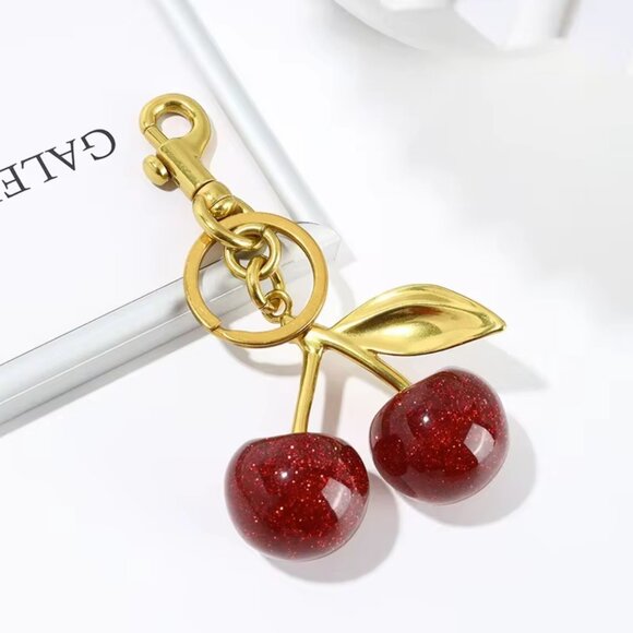 Cherry Glitter Bag Charm in Dark Red and Yellow Gold - Picture 6 of 8